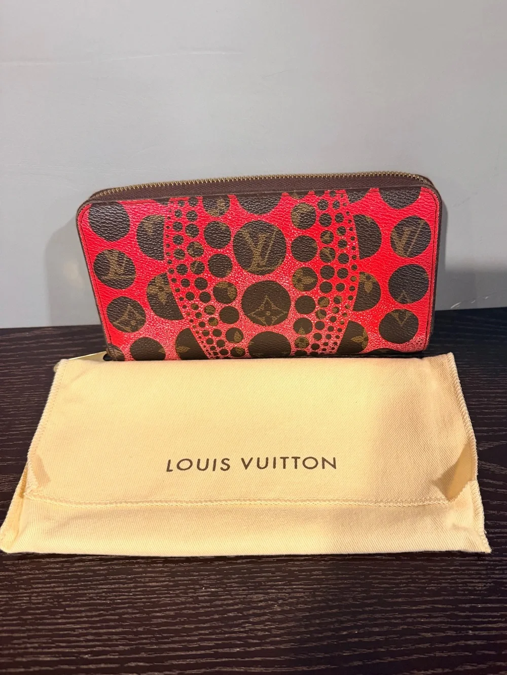 Louis Vuitton Red & Black Monogram Zip Around Wallet w/ Dusty